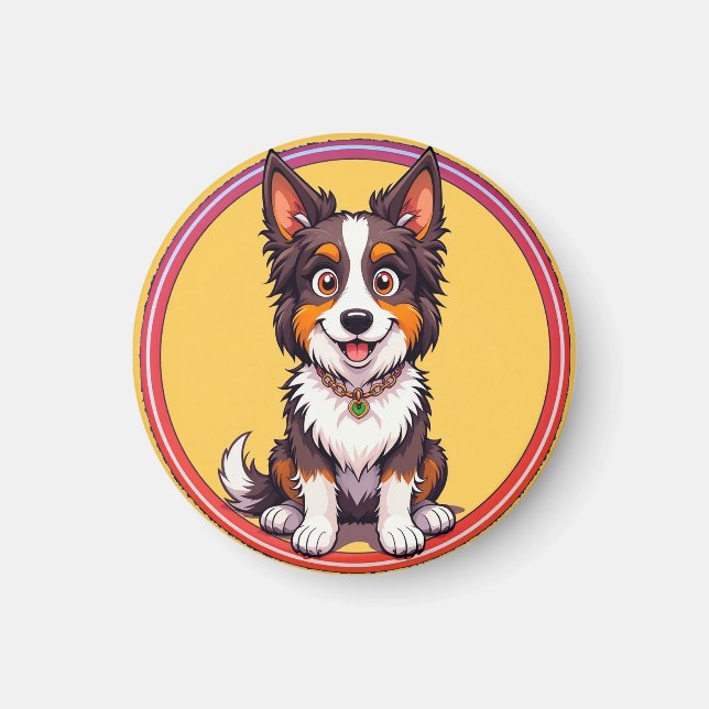 Imán Ilustración Colorida de Perro Feliz Sentado (Frente)