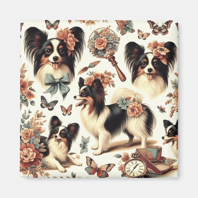 Imán Ilustracion Cute Vintage Papillon Dog (Frente)