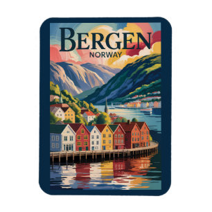 Imán Ilustración de Bergen Noruega Arte de Viaje Vintag