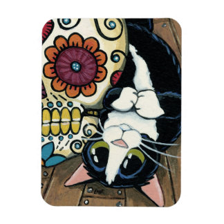 Imán Ilustracion de cráneo de azúcar y gato de Tuxedo
