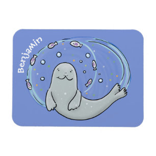 Imán Ilustracion de foca feliz y personalizado azul de