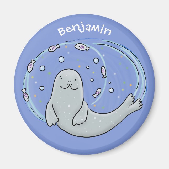 Imán Ilustracion de foca feliz y personalizado azul de  (Frente)