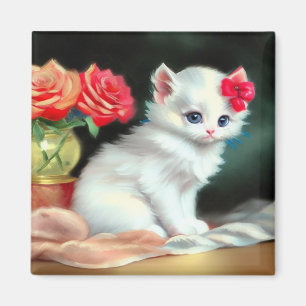 Imán Ilustracion de gatito blanco con flores rojas