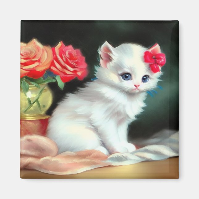 Imán Ilustracion de gatito blanco con flores rojas (Frente)