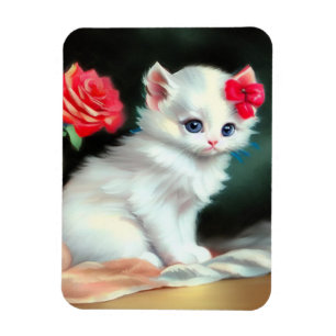 Imán Ilustracion de gatito blanco con flores rojas