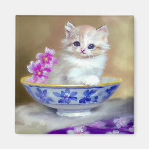 Imán Ilustracion de gatito blanco vintage