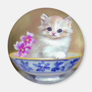 Imán Ilustracion de gatito blanco vintage