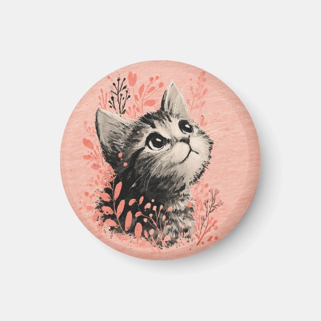 Imán Ilustración de gatito con delicado acento botánico (Frente)