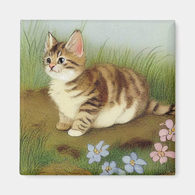 Imán Ilustracion de gatito vintage con flores (Frente)
