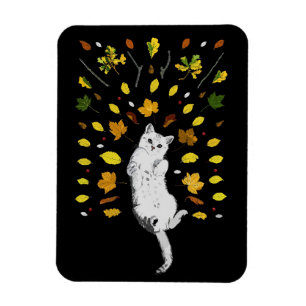 Imán Ilustracion de gato blanco con hojas caídas