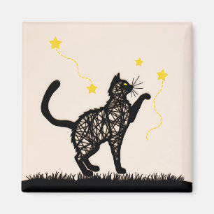 Imán Ilustración de Gato Negro con Estrellas Juguetonas