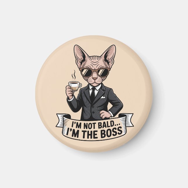 Imán Ilustración de gato Sphynx jefe con café (Frente)