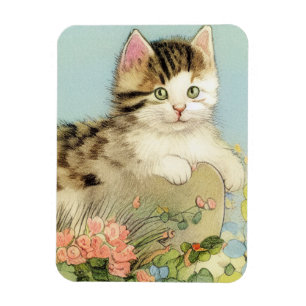 Imán Ilustracion de gato vintage con flores rosas