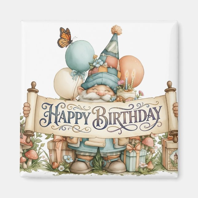 Imán Ilustración de gnomo de cumpleaños con globos (Frente)