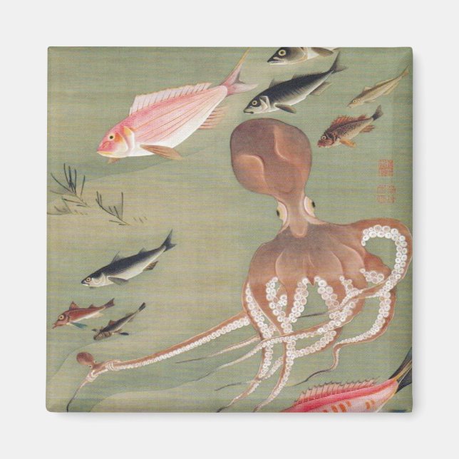 Imán Ilustracion de la vida marina en peces y pulpos (Frente)