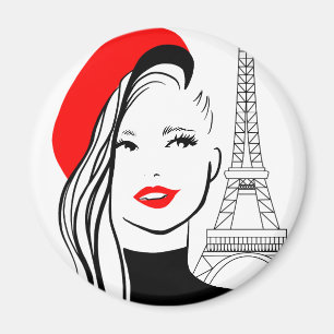 Imán Ilustracion de moda mujer francesa en boina roja