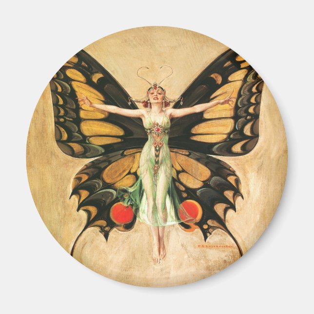 Imán Ilustración de Mujer Volando Mariposa Flapper (Frente)