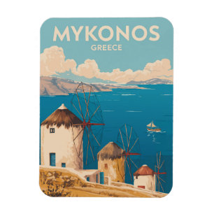 Imán Ilustración de Mykonos Grecia Arte de Viaje Vintag