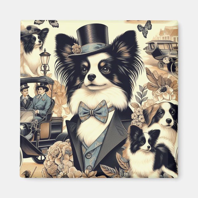 Imán Ilustracion de perro de Papillon de época (Frente)