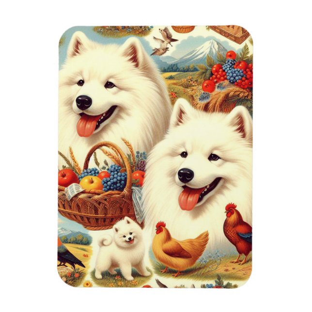 Imán Ilustracion de perro Samoyed de época (Vertical)