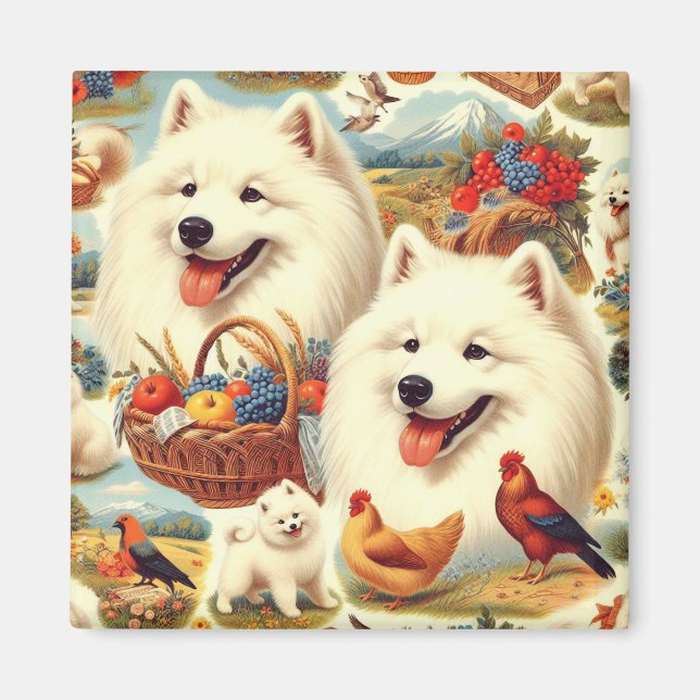 Imán Ilustracion de perro Samoyed de época (Frente)