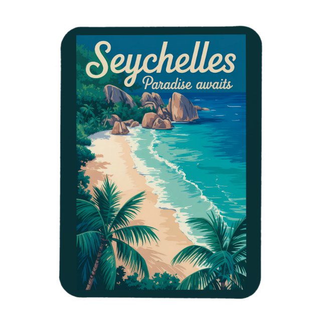 Imán Ilustración de playa de Seychelles Arte de viaje v (Vertical)