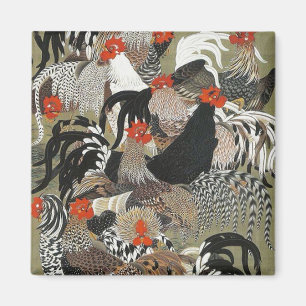 Imán Ilustracion de Roosters Hen de Ito Jakuchu