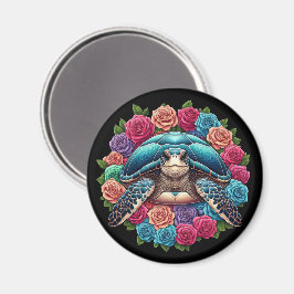Imán Ilustracion de tortuga colorida rodeado de Rosas