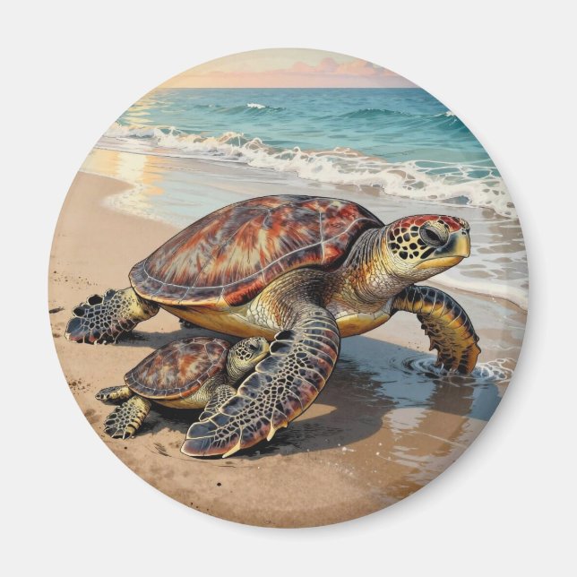 Imán Ilustración de tortuga marina y bebé en la playa (Frente)