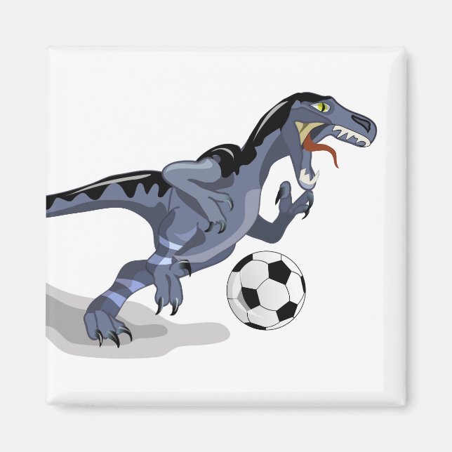 Imán Ilustracion De Un Dinosaurio Raptor Jugando Fútbol (Frente)