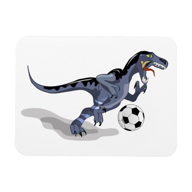 Imán Ilustracion De Un Dinosaurio Raptor Jugando Fútbol (Horizontal)