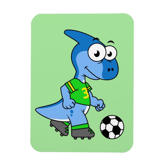 Imán Ilustracion De Un Parasaurolophus Jugando Fútbol. (Vertical)