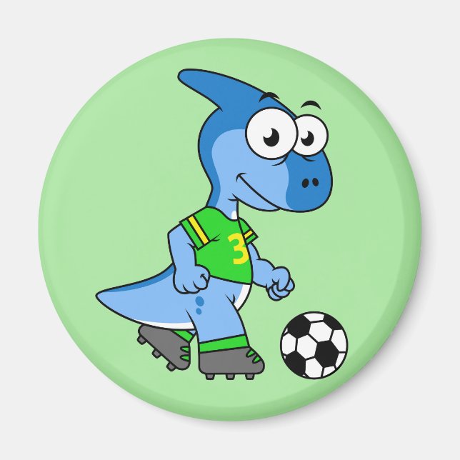 Imán Ilustracion De Un Parasaurolophus Jugando Fútbol. (Frente)