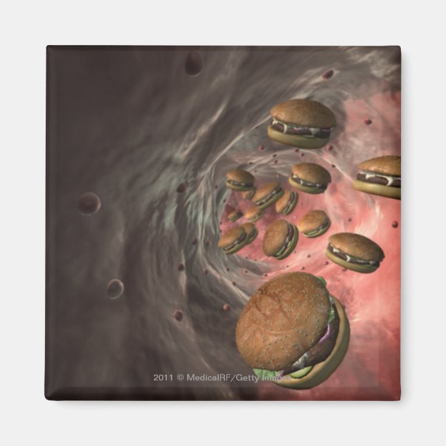 Imán Ilustracion de un vaso sanguíneo con hamburguesas (Frente)