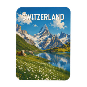 Imán Ilustración de vaca de Suiza Arte de viaje retro