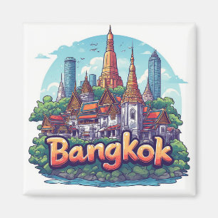Imán Ilustración de viaje a Bangkok con templos dorados