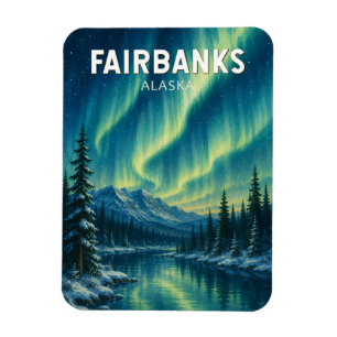 Imán Ilustración de viaje de Fairbanks Alaska Arte Vint