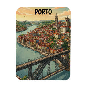 Imán Ilustración de viaje retro colorido Porto Portugal