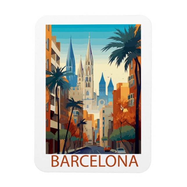 Imán Ilustración de viaje retro de Barcelona (Vertical)