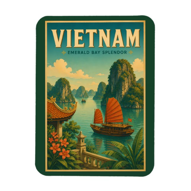 Imán Ilustración de viaje retro de la bahía de Ha Long  (Vertical)