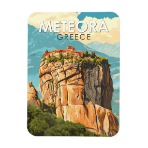 Imán Ilustración de viaje vintage de Meteora Grecia Art