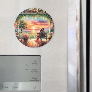 Imán Ilustración de vista de porche al atardecer románt