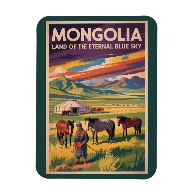 Imán Ilustración de yurtas de caballos de Mongolia Arte (Vertical)