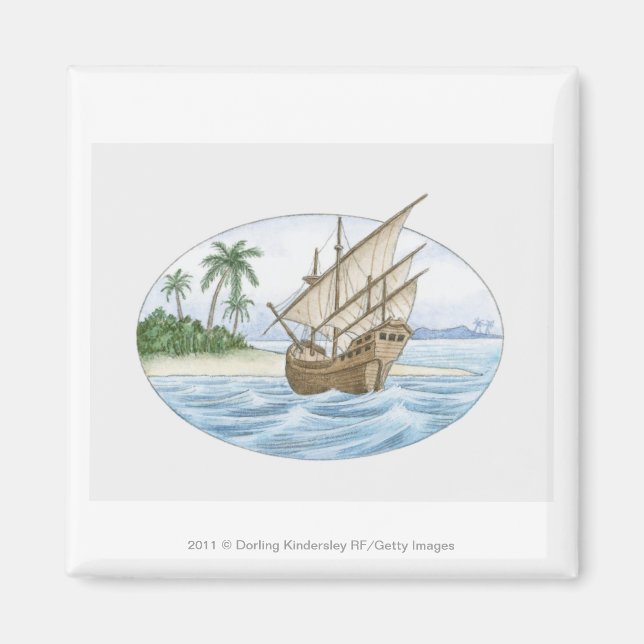 Imán Ilustracion del barco del siglo XVI cerca de la is (Frente)