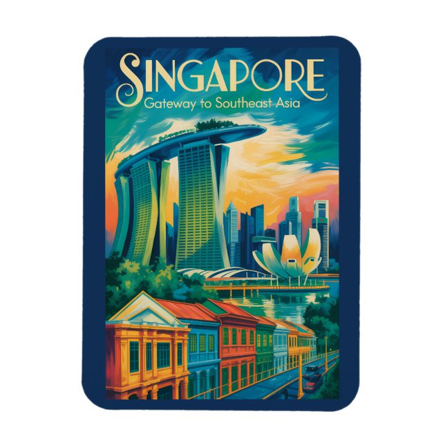 Imán Ilustración del horizonte de Singapur Arte de viaj (Vertical)