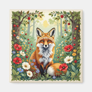 Imán Ilustración del zorro en el bosque de flores silve