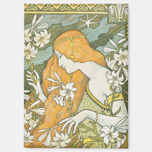 Imán Ilustración elegante de mujer Art Nouveau con liri