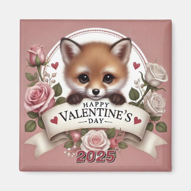 Imán Ilustracion Fox adorable con Rosas (Frente)