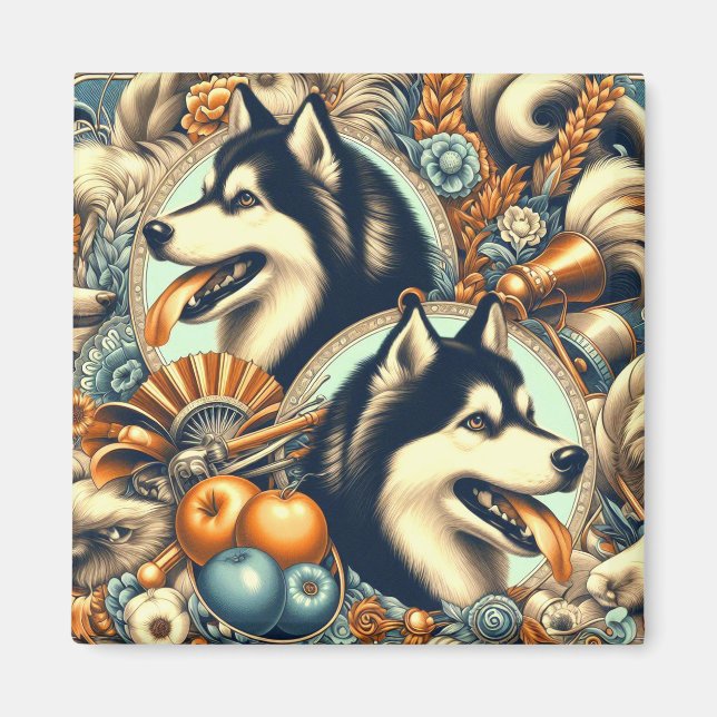 Imán Ilustracion Husky retro siberiano (Frente)