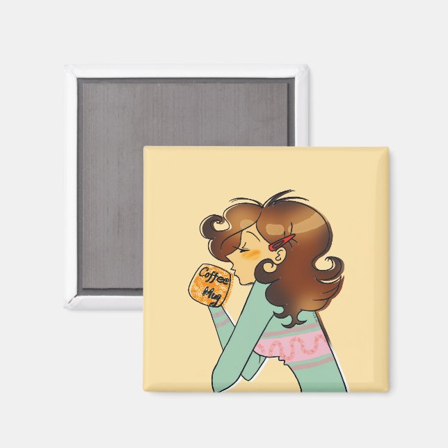 Imán Ilustracion matutino acogedor Chica de café (Anverso/Reverso)